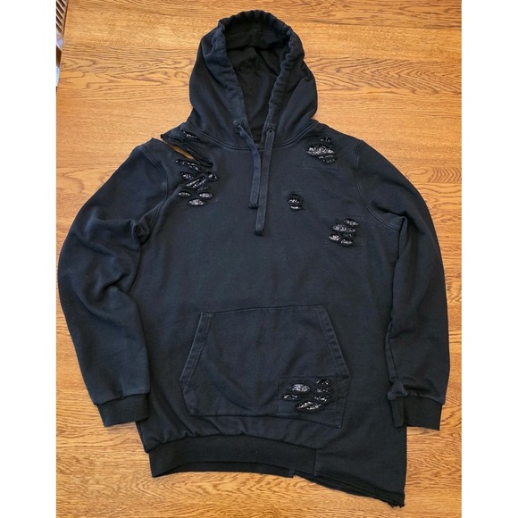 La La Anthony M Hoodie Distressed Black With Sequins Pullover Shoulder Cutout - Picture 1 of 16